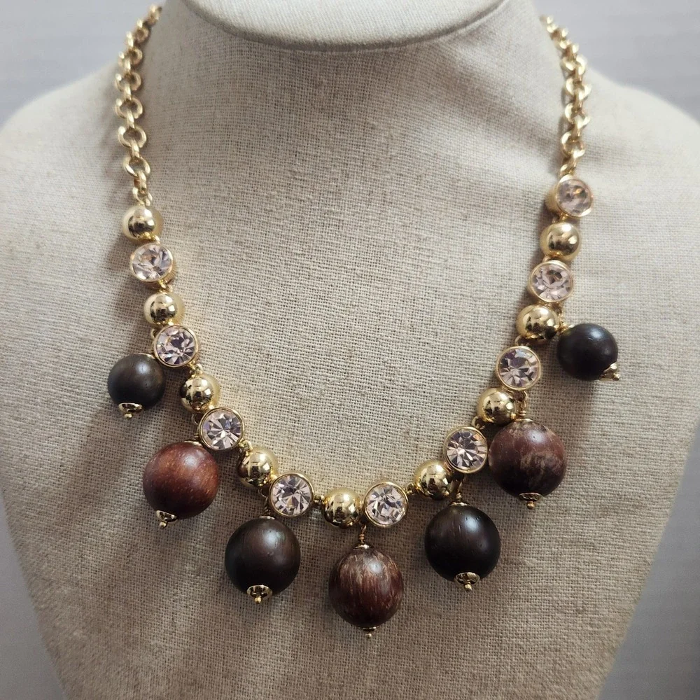 Kate Spade Gold Tone Wood Bead Crystal Statement Necklace Brown Mixed Media‎ Bib